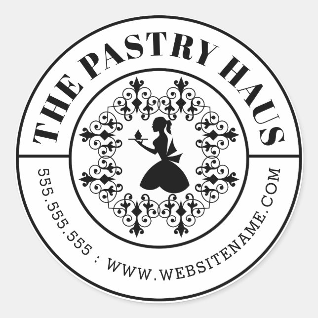 Pegatina Redonda Elegante Baker Silhouette Curved Text (Anverso)