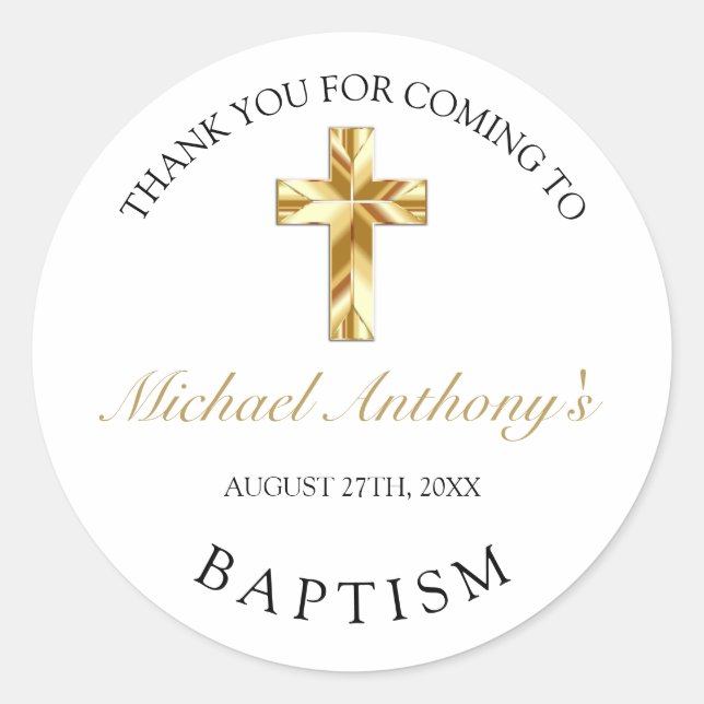 Pegatina Redonda Elegante Baptismo De Bebé De Oro Gracias (Anverso)