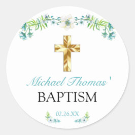 Pegatina Redonda Elegante Baptismo Floral Gold Cross Boy