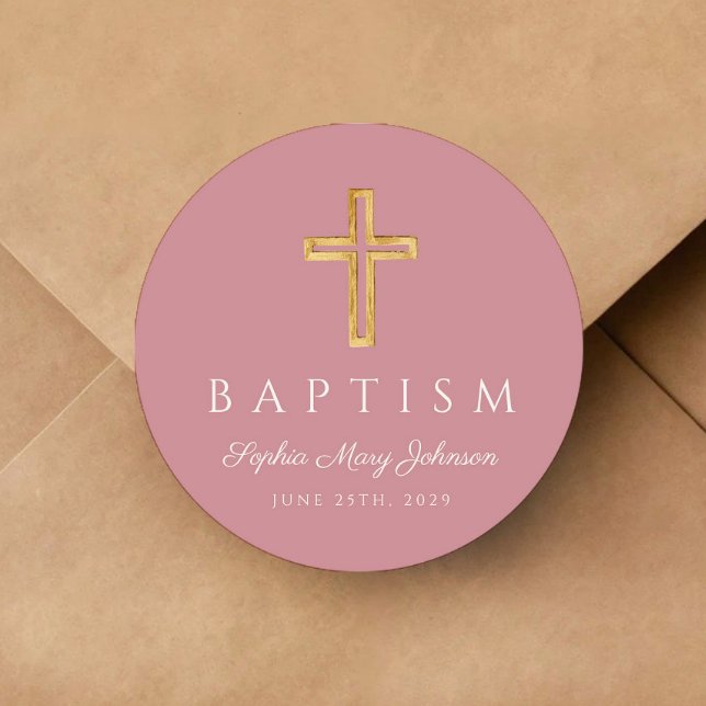 Pegatina Redonda Elegante bautismo Chica de cruz rosa (Elegant Religious Cross Pink Girl Baptism Classic Round Sticker)