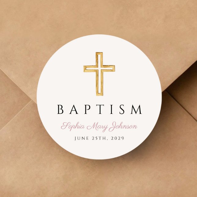 Pegatina Redonda Elegante bautismo Chica de escritura de cruz rosa (Elegant Religious Cross Pink Script Girl Baptism Classic Round Sticker)