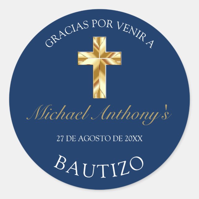 Pegatina Redonda Elegante Bautismo de Bebé Azul Dorado Gracias (Anverso)