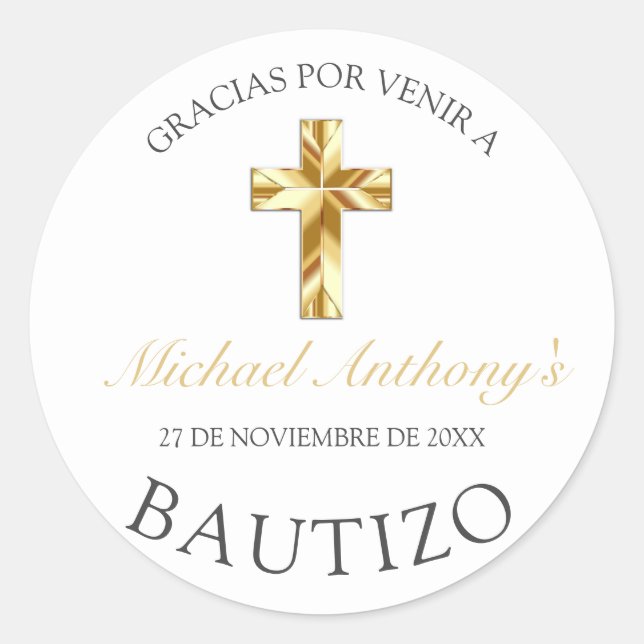 Pegatina Redonda Elegante Bautismo de Bebé Blanco y Dorado Gracias (Anverso)