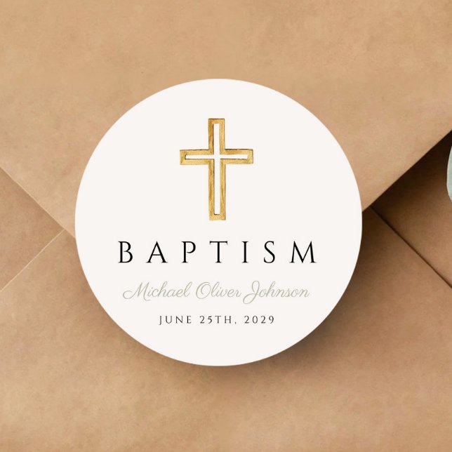 Pegatina Redonda Elegante bautismo de escritura verde cruzado (Elegant Religious Cross Sage Green Script Baptism Classic Round Sticker)