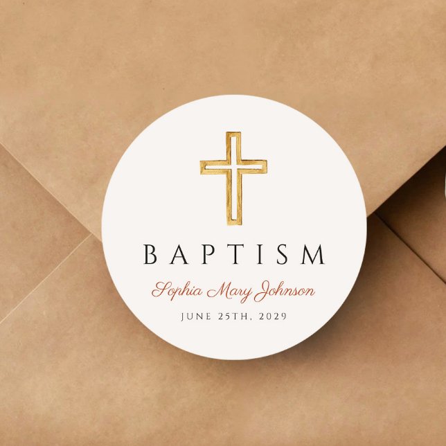 Pegatina Redonda Elegante bautismo religioso cruzado de terracota (Elegant Religious Cross Terracotta Baptism Classic Round Sticker)