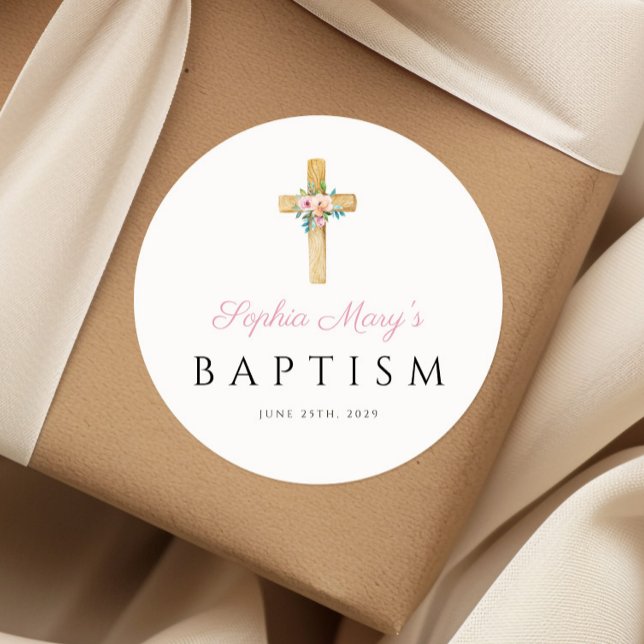 Pegatina Redonda Elegante Bautismo Religioso Floral Moderno (Elegant Modern Floral Religious Cross Baptism Classic Round Sticker)