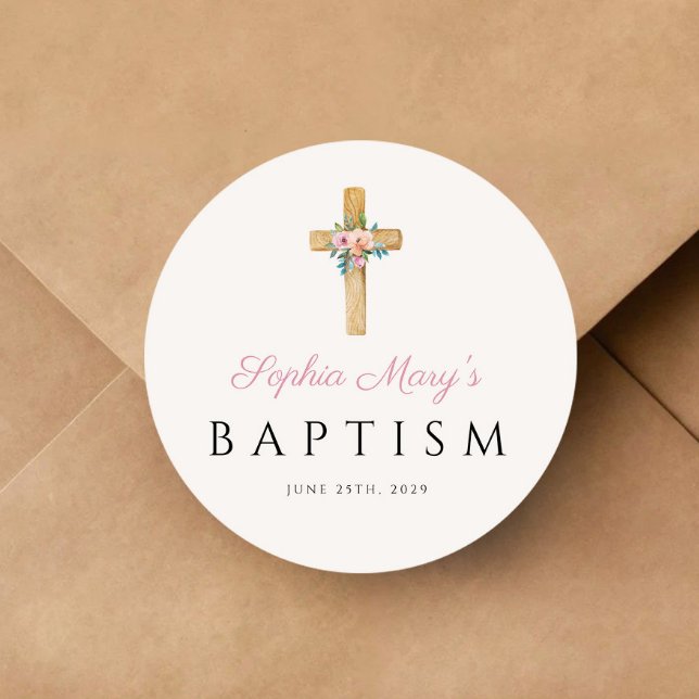 Pegatina Redonda Elegante Bautismo Religioso Floral Moderno (Elegant Modern Floral Religious Cross Baptism Classic Round Sticker)