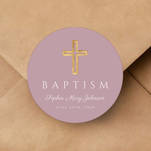 Pegatina Redonda Elegante Bautismo Religioso Púrpura (Elegant Purple Religious Cross Baptism Classic Round Sticker)