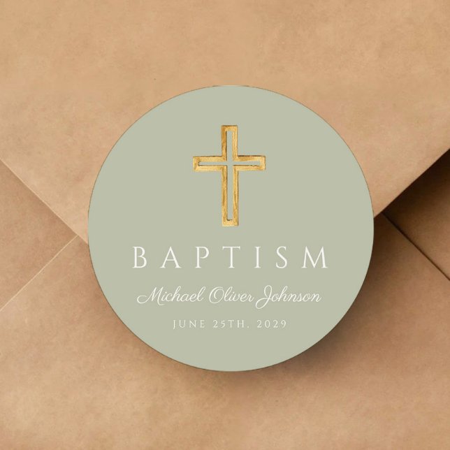 Pegatina Redonda Elegante Bautismo Religioso Verde Masaje (Elegant Sage Green Religious Cross Baptism Classic Round Sticker)