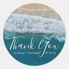 Pegatina Redonda Elegante Beach Blue Ocean Gracias Favor De La Boda