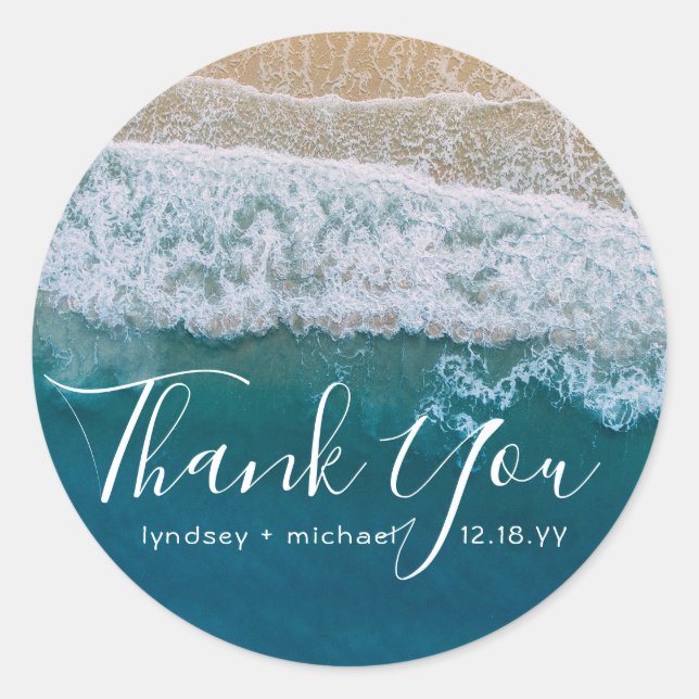 Pegatina Redonda Elegante Beach Blue Ocean Gracias Favor De La Boda (Anverso)