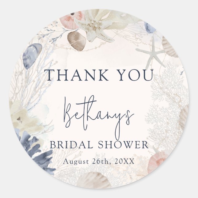 Pegatina Redonda Elegante Beach Nautical Bridal Shower Gracias (Anverso)