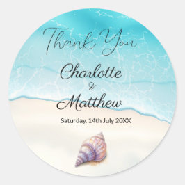 Pegatina Redonda Elegante Beach Wedding Seashells Perlas Náuticas