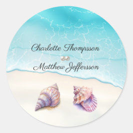 Pegatina Redonda Elegante Beach Wedding Seashells Perlas Náuticas