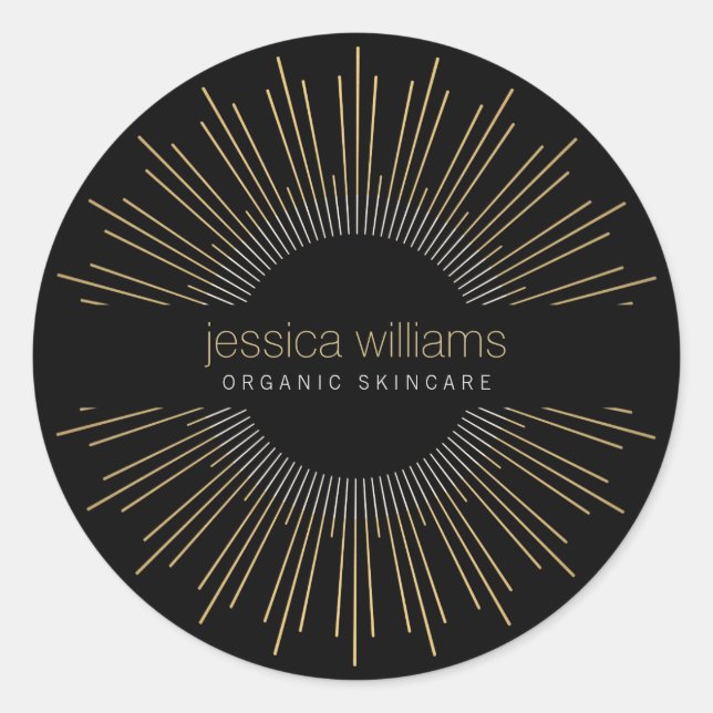 Pegatina Redonda Elegante Belleza Oro Sunburst Negro (Anverso)