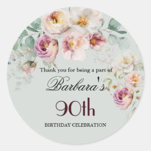 Pegatina Redonda Elegante Bienvenida de Cumpleaños 90 Floral Acuare