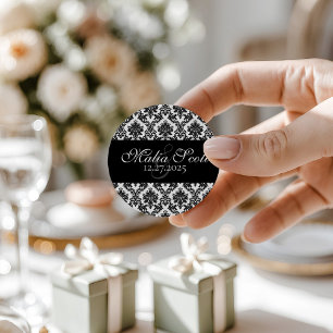 Pegatina Redonda Elegante Black Damask Wedding Favor