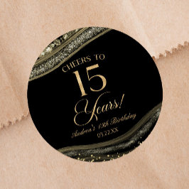 Pegatina Redonda Elegante Black Gold Agate 15th Birthday Party