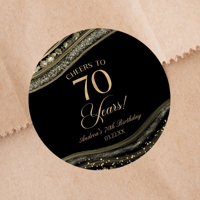 Pegatina Redonda Elegante Black Gold Agate 70th Birthday Party (Subido por el creador)