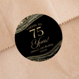 Pegatina Redonda Elegante Black Gold Agate 75th Birthday Party