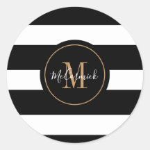 Elegante Black White Stripes Gold Monograma Nombre
