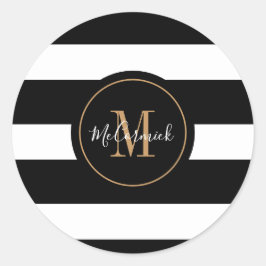Pegatina Redonda Elegante Black White Stripes Gold Monograma Nombre