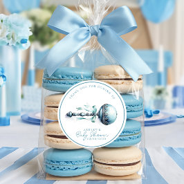 Pegatina Redonda Elegante Blue Baby Rattle Boy Baby Shower Gracias