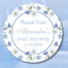 Pegatina Redonda Elegante Blue Floral Boho Baby Shower Gracias
