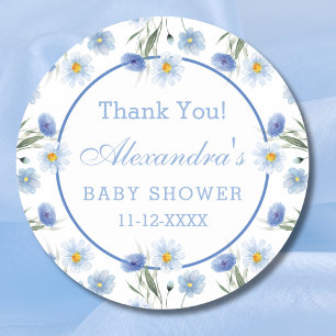 Pegatina Redonda Elegante Blue Floral Boho Baby Shower Gracias