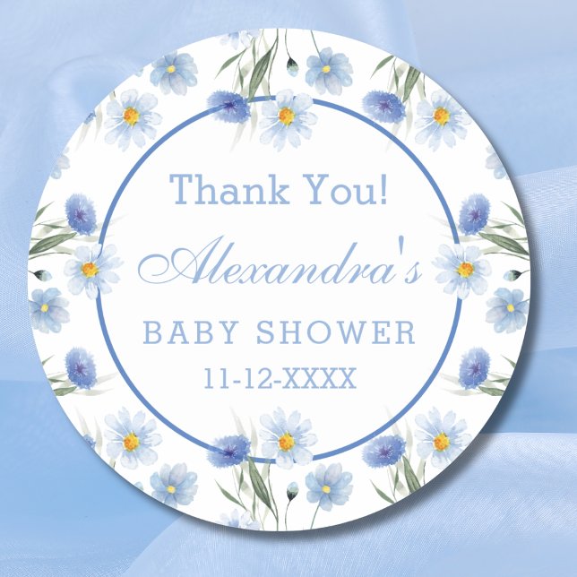 Pegatina Redonda Elegante Blue Floral Boho Baby Shower Gracias (Subido por el creador)