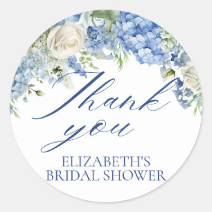 Pegatina Redonda Elegante Blue Hydrangea Floral Script Gracias