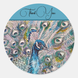 Pegatina Redonda Elegante Blue Peacock Watercolor Art Gracias