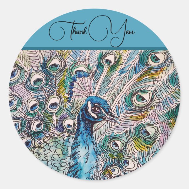 Pegatina Redonda Elegante Blue Peacock Watercolor Art Gracias (Anverso)