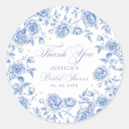 Pegatina Redonda Elegante Blue Toile Chinoiserie Bridal Shower