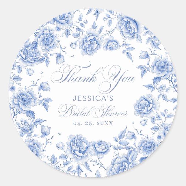 Pegatina Redonda Elegante Blue Toile Chinoiserie Bridal Shower (Anverso)