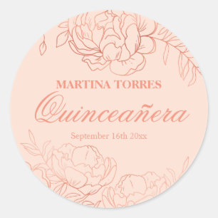 Pegatina Redonda Elegante Blush Rosa Dorado Floral Quinceañera
