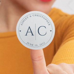 Pegatina Redonda Elegante Boda azul de la Marina Moderna