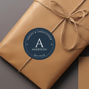 Pegatina Redonda Elegante Boda azul de la Marina Moderna