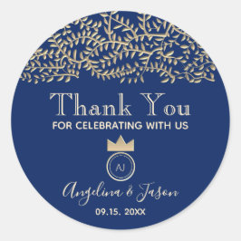 Pegatina Redonda Elegante Boda Azul Gracias Por Favor