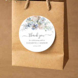 Pegatina Redonda Elegante Boda azul y blanco