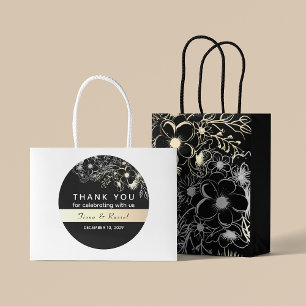 Pegatina Redonda Elegante Boda blanco y negro de oro gracias