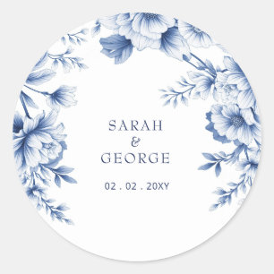 Pegatina Redonda Elegante boda botánica floral de chinoiserie azul