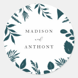 Pegatina Redonda Elegante Boda Botánico Azul Verde azulado