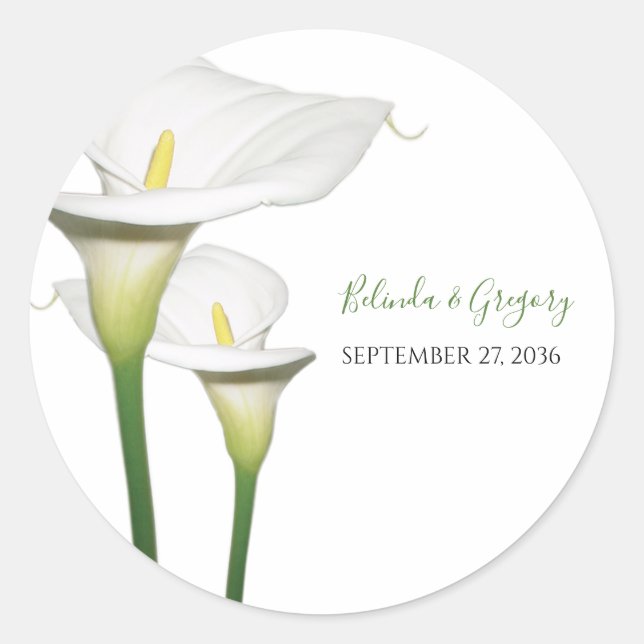 Pegatina Redonda Elegante Boda Calla Lilies Blanco (Anverso)