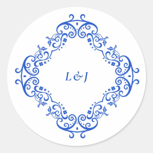 Pegatina Redonda Elegante Boda chinoiserie azul vintage (Anverso)