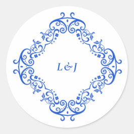 Pegatina Redonda Elegante Boda chinoiserie azul vintage