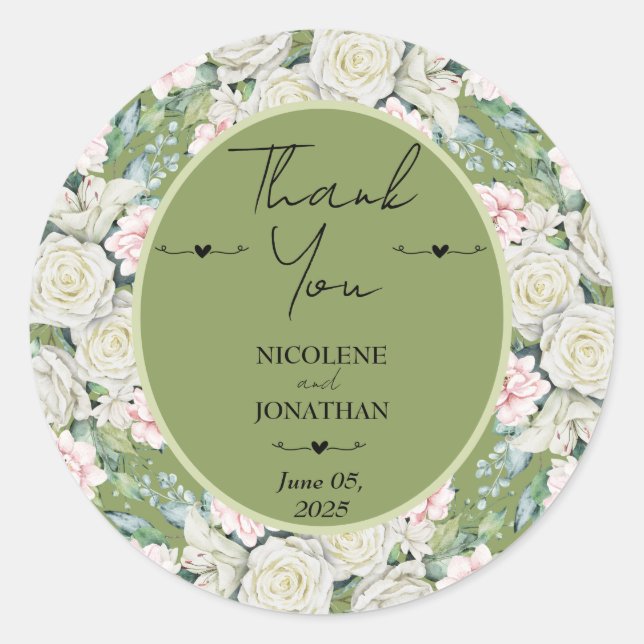 Pegatina Redonda Elegante Boda de Abrazo Floral (Anverso)