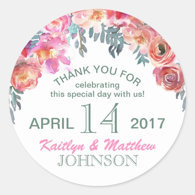 Pegatina Redonda Elegante Boda de acuarela moderna Floral (Anverso)