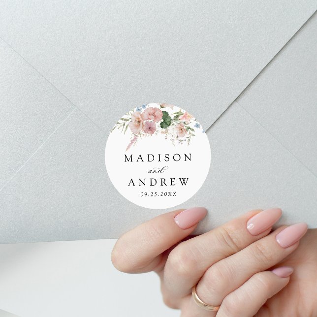 Pegatina Redonda Elegante Boda de acuarela romántica floral (Subido por el creador)