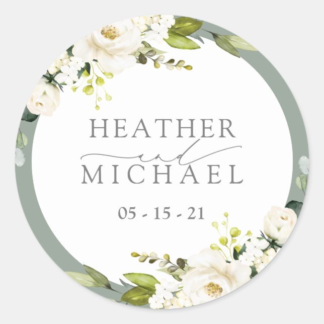 Pegatina Redonda Elegante Boda de acuarela verde gris gris verde (Anverso)